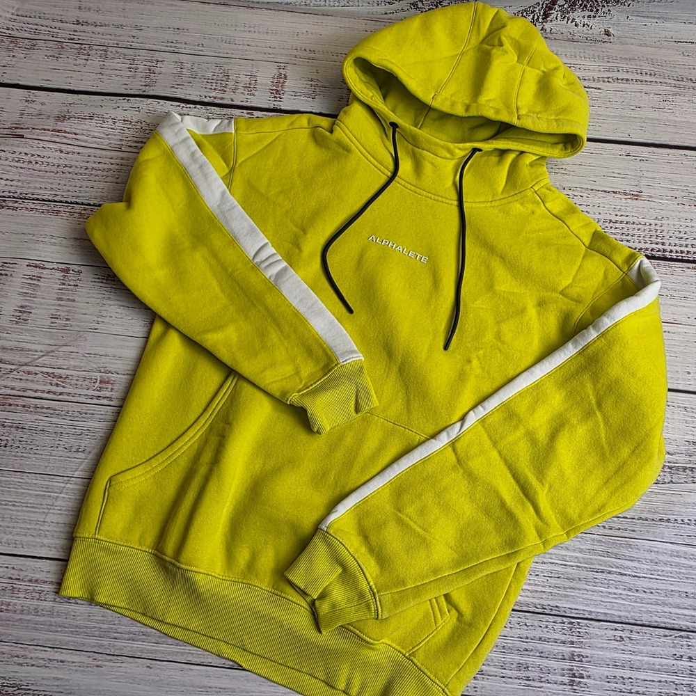 Alphalete Mens Lime Yellow White Stripe Fleece Hoodie Sweatshirt Mens Small